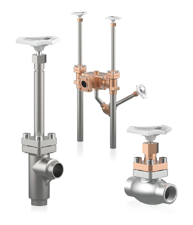 Three industrial metal plumbing valves and fittings