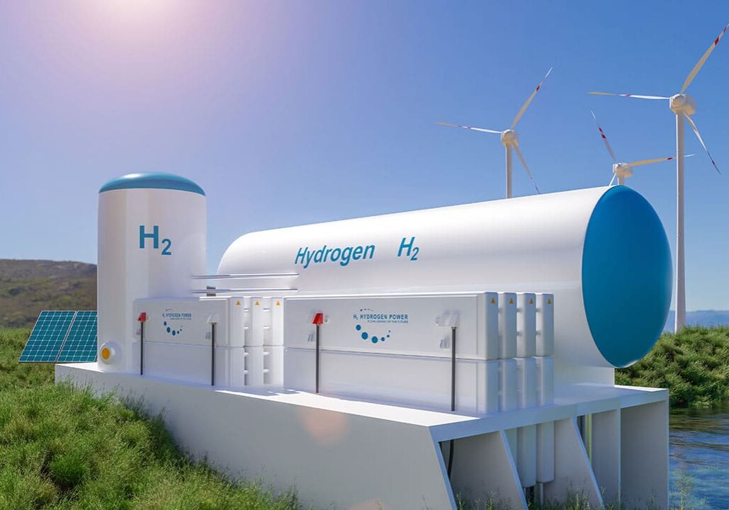 Hydrogen power facility with wind turbines.